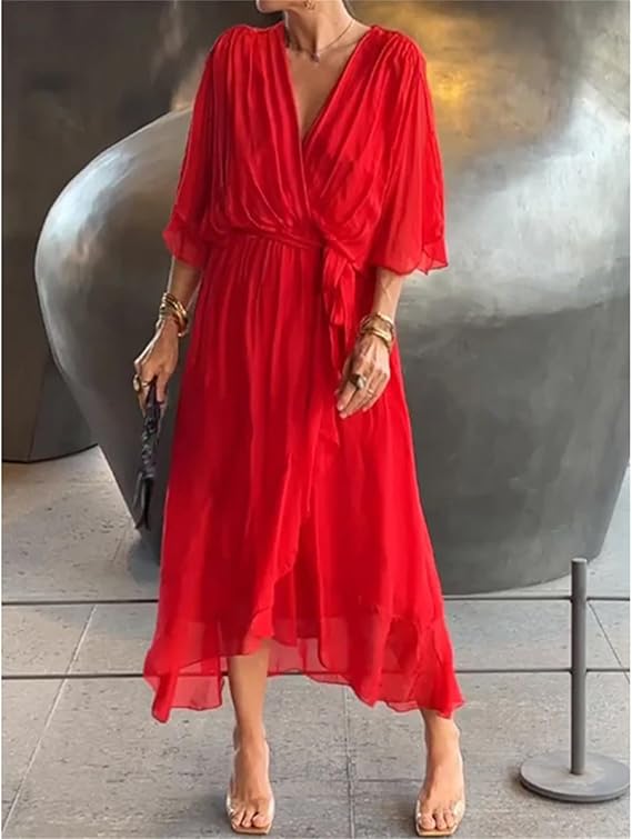 Damen-Chiffonkleid mit V-Ausschnitt, Bindegürtel und asymmetrischem Saum