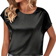 Damen Satin T-Shirt mit elegantem Wasserfall-Ausschnitt und schlichten Details WW