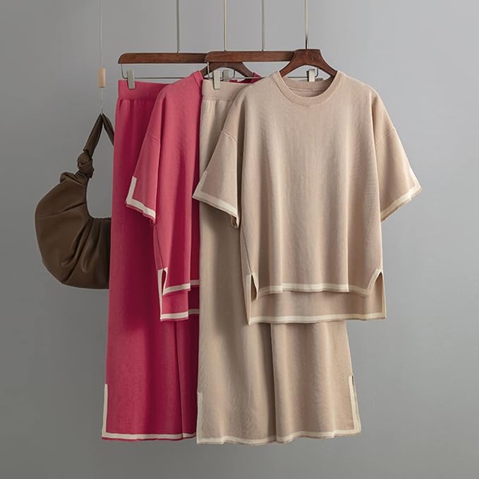 Damen Zweiteiler mit kurzärmeligem Oberteil und Hose mit hoher Taille