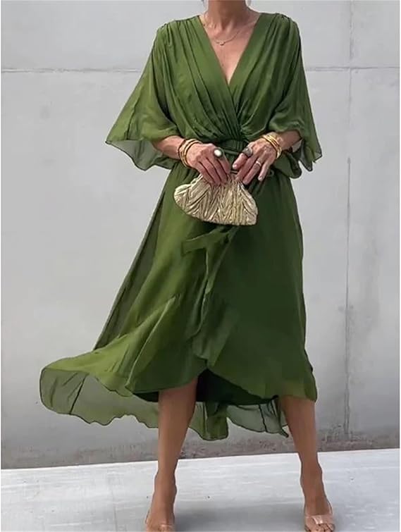 Damen-Chiffonkleid mit V-Ausschnitt, Bindegürtel und asymmetrischem Saum