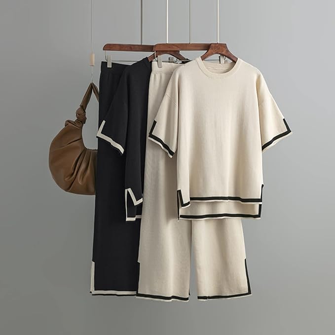 Damen Zweiteiler mit kurzärmeligem Oberteil und Hose mit hoher Taille