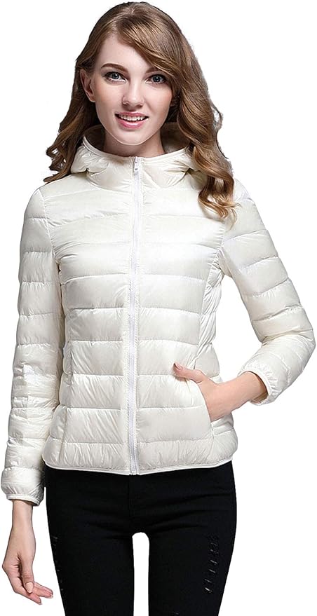 W&W Mode | Winterdaunenjacke mit Kapuze für Damen Weiß und Schwarz - faltbare Daunenjacke