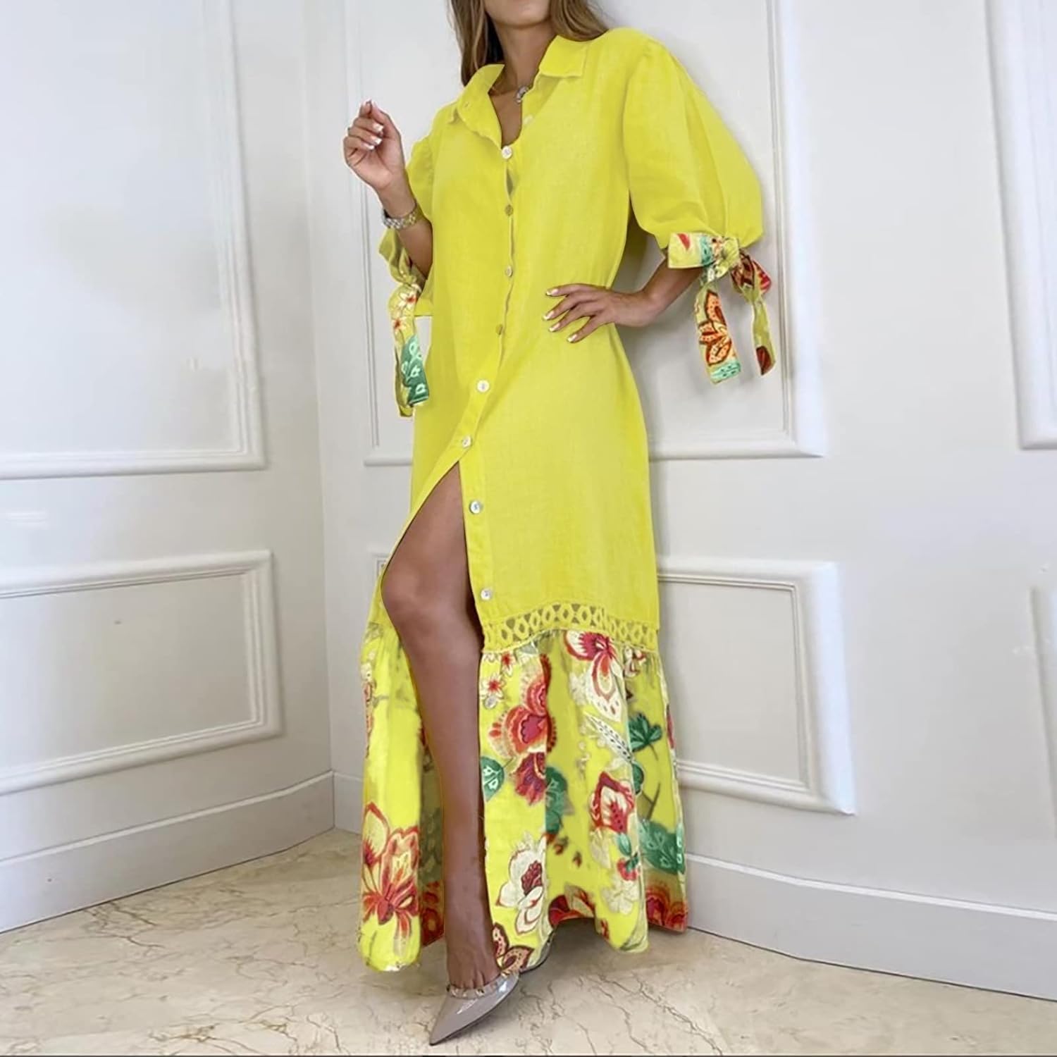 WW | Maxikleid mit Knopfleiste und Blumenmuster am Saum