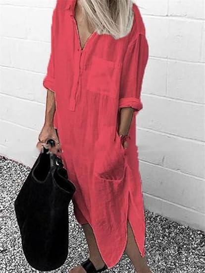 W&W Mode - Lockeres langes Kleid mit langen Ärmeln und Seitentaschen Kleid