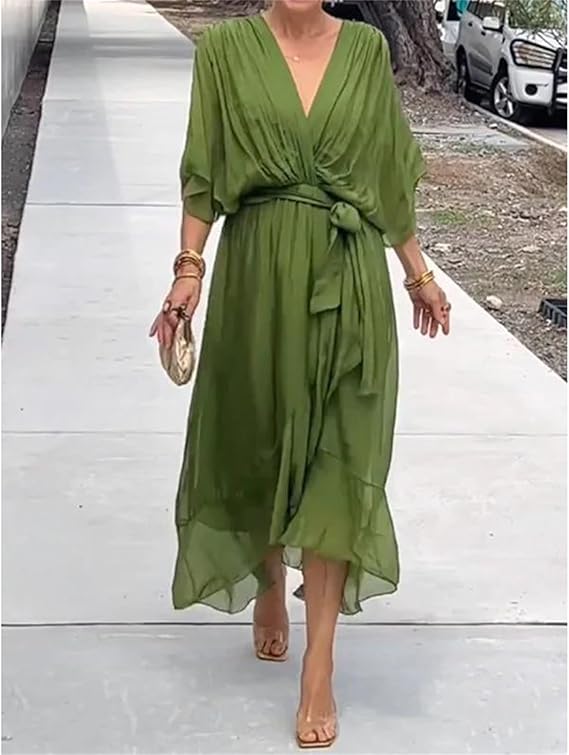 Damen-Chiffonkleid mit V-Ausschnitt, Bindegürtel und asymmetrischem Saum