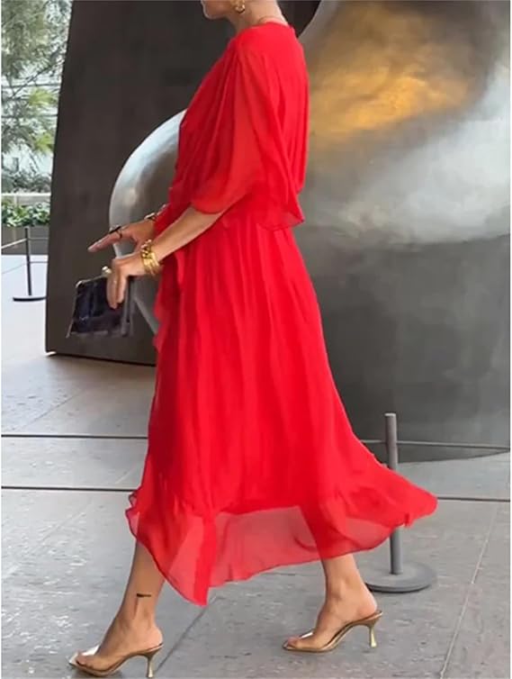 Damen-Chiffonkleid mit V-Ausschnitt, Bindegürtel und asymmetrischem Saum