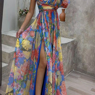 WW | Let'S Elope Floral Print Plissierter Ein Schulter Ärmel Schlitz Maxikleid