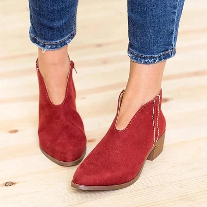 W&W Mode | Damen Wildleder Ankle Boots mit Niedrigem Blockabsatz, V-förmiges Design, Reißverschluss