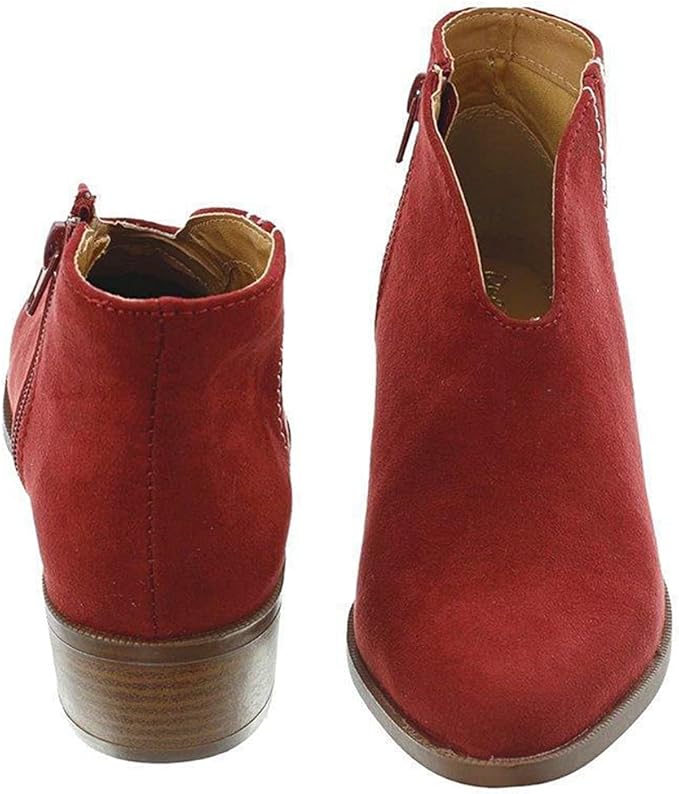 W&W Mode | Damen Wildleder Ankle Boots mit Niedrigem Blockabsatz, V-förmiges Design, Reißverschluss