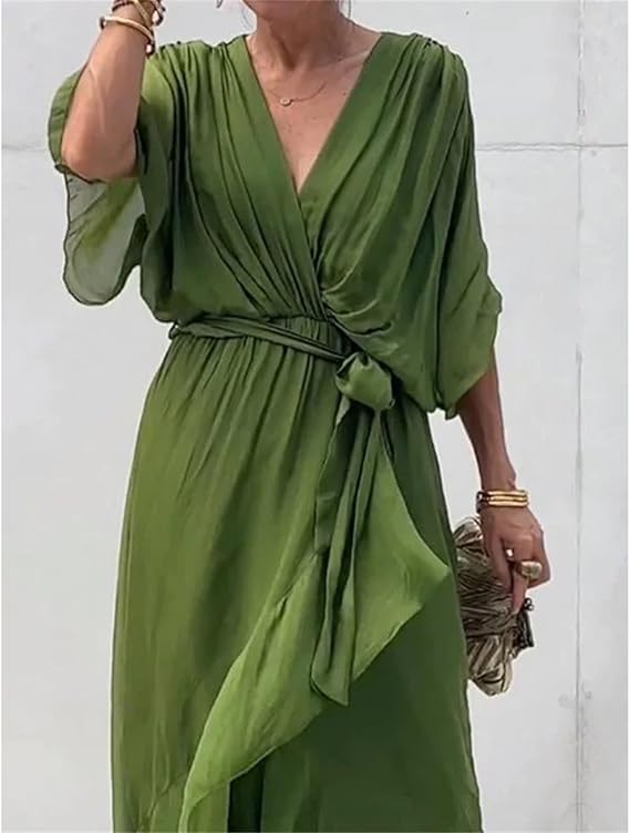 Damen-Chiffonkleid mit V-Ausschnitt, Bindegürtel und asymmetrischem Saum