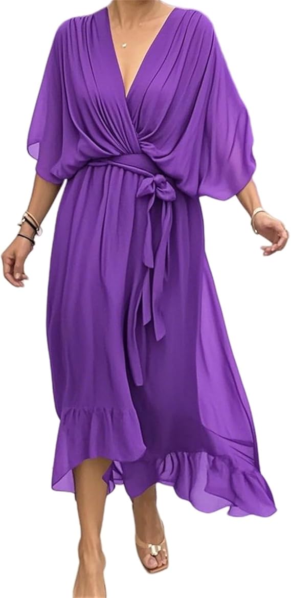 Damen-Chiffonkleid mit V-Ausschnitt, Bindegürtel und asymmetrischem Saum