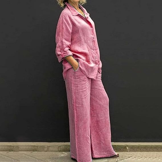 SommerSilhouette Duo™ – Damen Leinen Zweiteiler Set mit Bluse & Hose, Luftig, Elegant & Bequem für Sommer