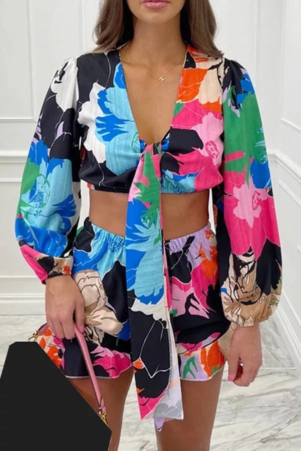 WW | Glänzende Mädchen Abstract Print Tie Front Shorts Anzüge