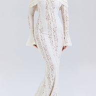 WW | Blumen Spitze Off Shoulder Flare Ärmel Fishtail Maxi Kleider - Weiß