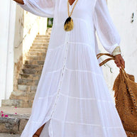 WW | Seraphina Baumwoll-Leinen-Mischung Knopf-Up Gestuftes Maxikleid