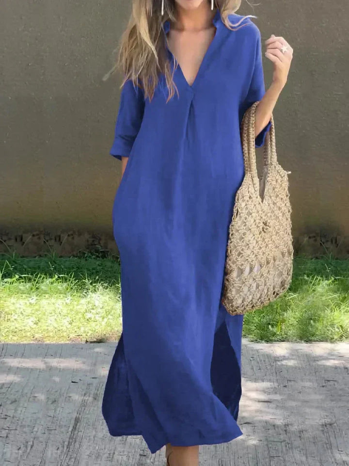 W&W Mode | Schlichte Leinenkleid mit V-Ausschnitt und Tasche