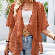 WW | Unifarben dünne Jacquard-Cardigan mit kurzen Ärmeln