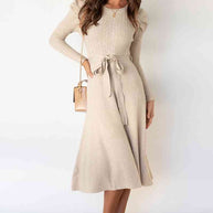 WW | Rundhalsausschnitt Langarm Knoten Taille Pullover Kleid
