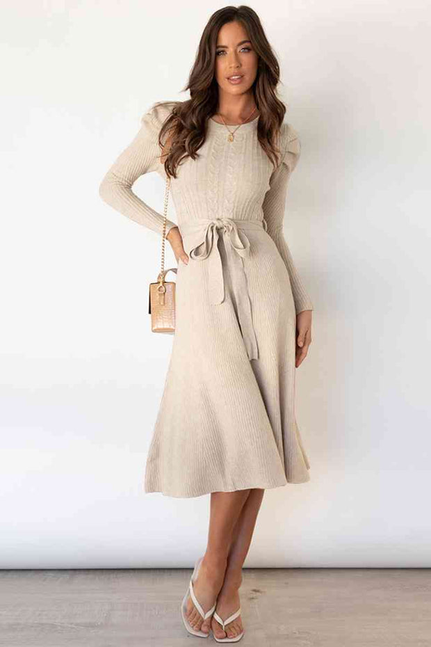 WW | Rundhalsausschnitt Langarm Knoten Taille Pullover Kleid