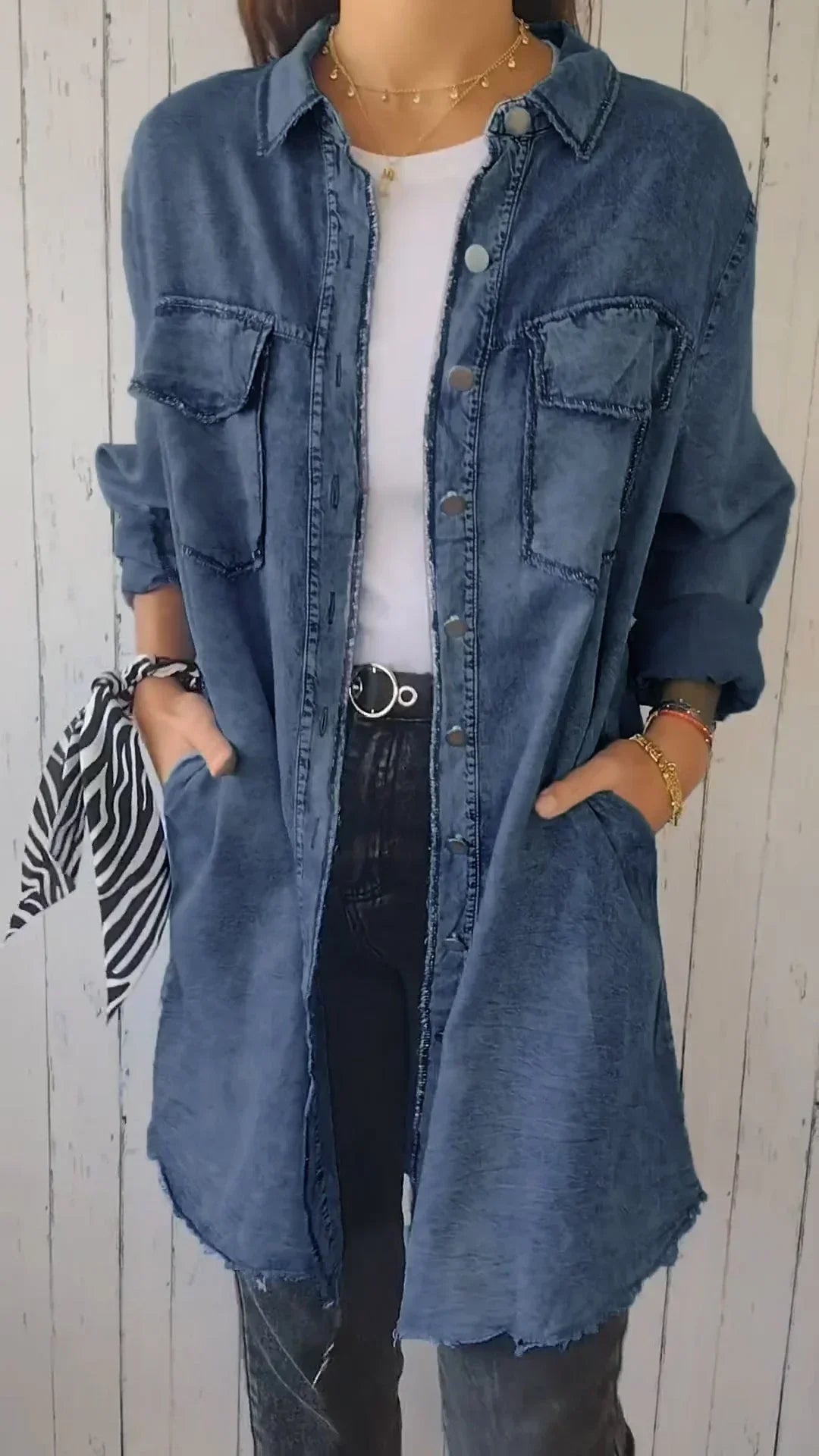 WW | Bequeme Lange Hemdbluse aus Faux-Denim