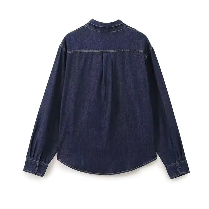 W&W Mode | Dunkle Denim Bluse Mit Schleifenkragen