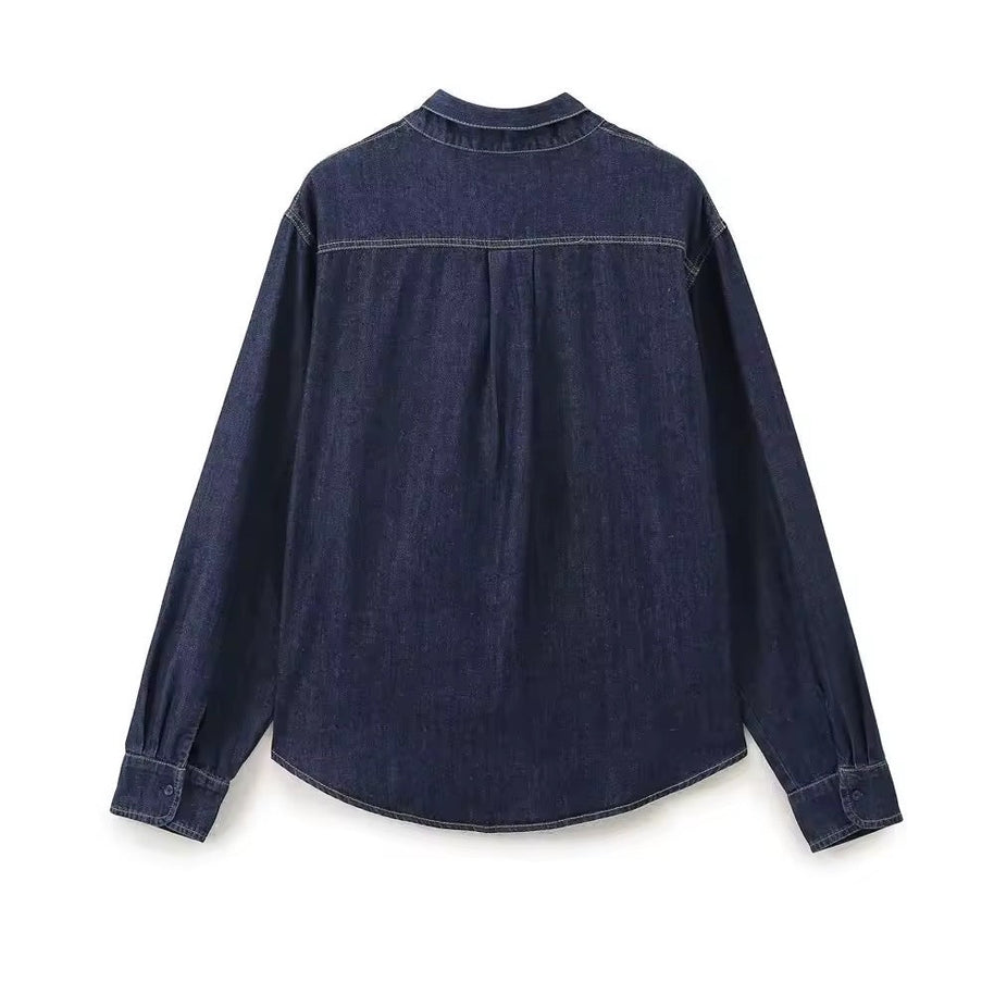 WW | Dunkle Denim Bluse Mit Schleifenkragen