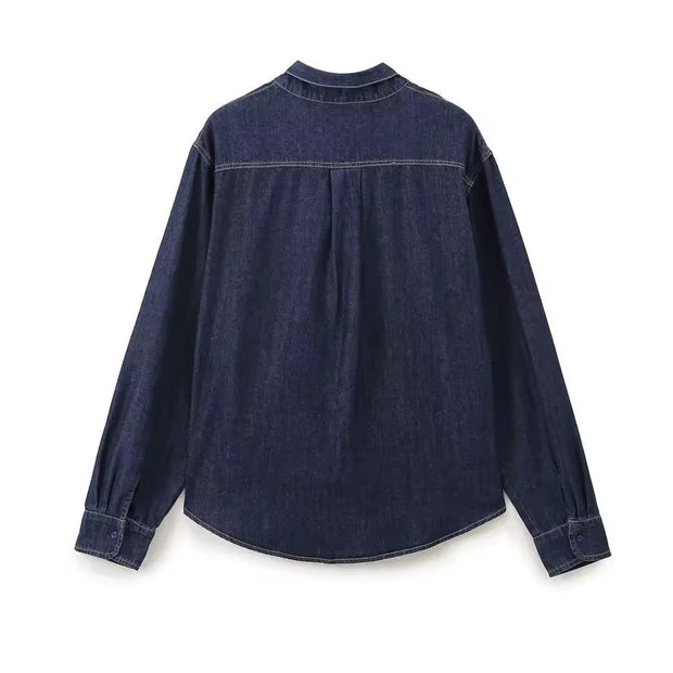 WW | Dunkle Denim Bluse Mit Schleifenkragen
