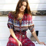 Damen Viskose-Jumpsuit mit buntem Ethno-Design und schwingenden Ärmeln WW