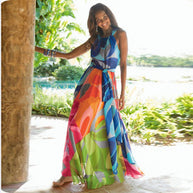Damen Maxikleid mit buntem Fluid-Design aus fließendem Stoff und elegantem Taillengürtel WW