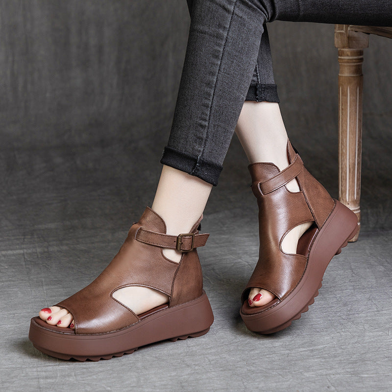 WW | Sommer Neu Retro Erste Schicht Rindsleder Rücken Peep Toe Sandalen für Frauen