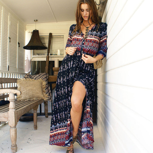 Damen Viskose-Jumpsuit mit buntem Ethno-Design und schwingenden Ärmeln WW
