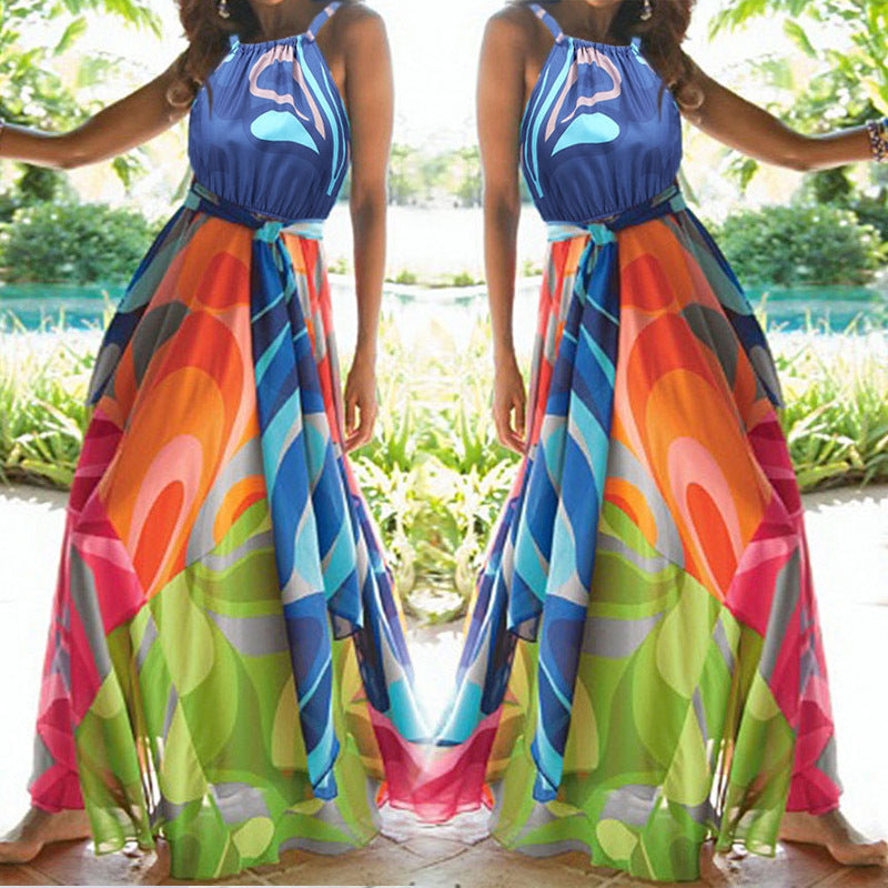 Damen Maxikleid mit buntem Fluid-Design aus fließendem Stoff und elegantem Taillengürtel WW