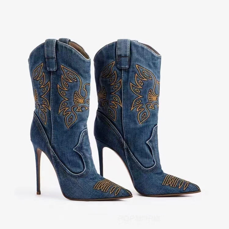 WW | Damenmode Western Denim Stil High Heels Stiefel