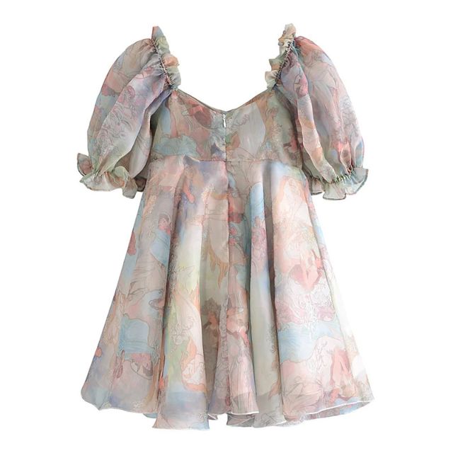 W&W Mode | Organza-Kleid mit Blumenmuster und Puffärmeln sowie Herzausschnitt