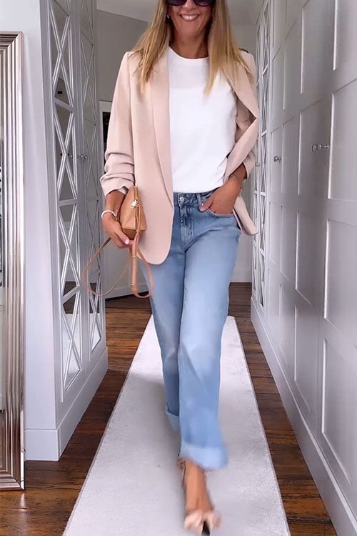 W&W Mode | Gerüschter Offener Vorderer Lange Ärmel Aprikosen Blazer