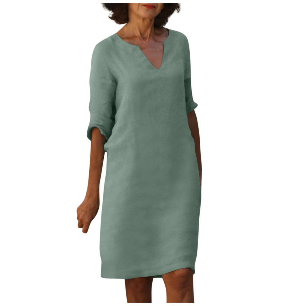 WW | Baumwolle und Leinen V-Ausschnitt Kleid Sommer Nähen Retro Hohe Taille Einfarbige Kleider