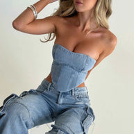 WW | Denim-Anzüge Sommer Sexy Rückenausschnitt Tube Top und Mehrfach-Taschen Gerade Hosen Mode Lange Hosen Anzug Damenbekleidung