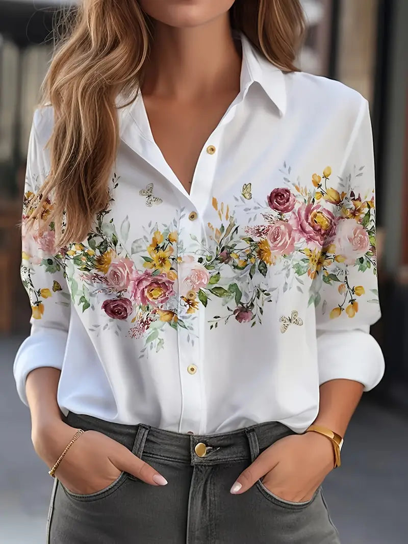 WW | Bluse für Frauen mit Blumenmuster, Lässige Hemdbluse mit Langen Ärmeln