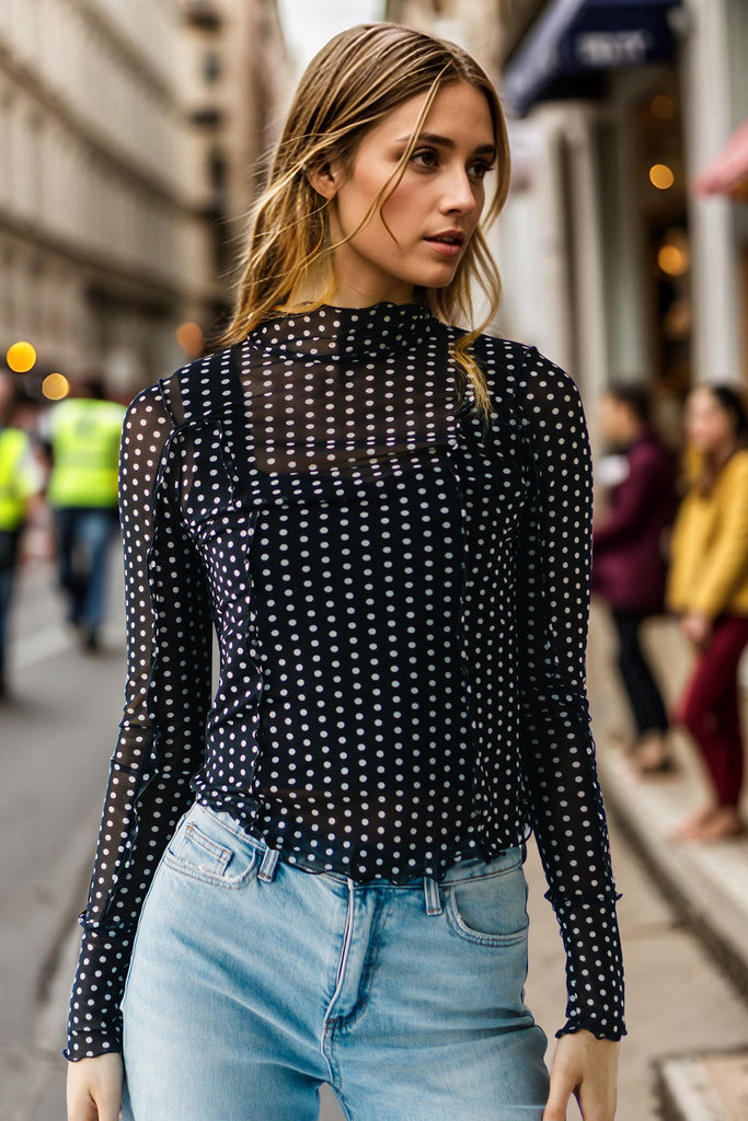 WW | Oh Vollgröße Rüsche Gedruckt Mock Neck Langarm Top