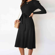 WW | Rundhalsausschnitt Langarm Knoten Taille Pullover Kleid