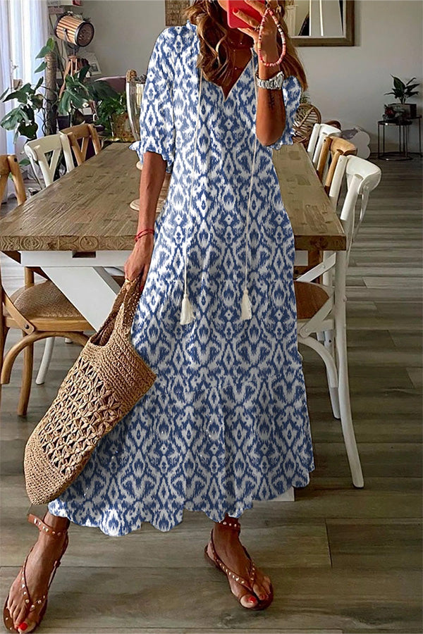 WW | Geometrischer Druck Freizeit V-Ausschnitt Maxi-Kleid