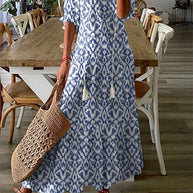 WW | Geometrischer Druck Freizeit V-Ausschnitt Maxi-Kleid