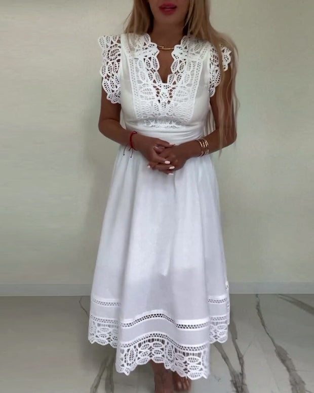 WW | Elegantes Ärmelloses Kleid aus Einfarbiger Spitze mit V-Ausschnitt