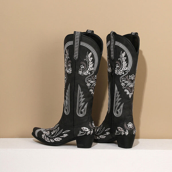 WW | Bestickte Western Denim Retro Damen Knielange Stiefel