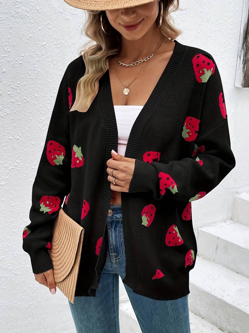 Cardigan mit langen Ärmeln und Erdbeer-Print für Herbst und Frühling