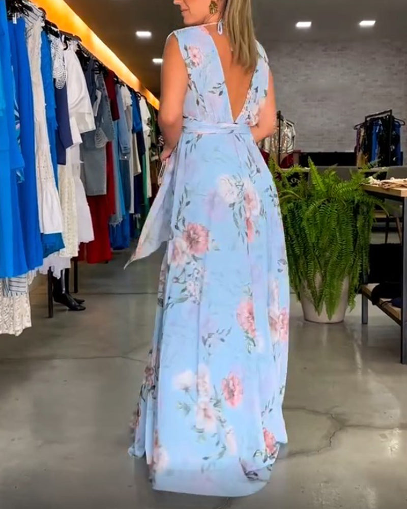 WW | Elegantes, Ärmelloses Kleid mit Blumendruck und V-Ausschnitt