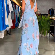 WW | Elegantes Ärmelloses V-Ausschnitt Floral Druck Kleid