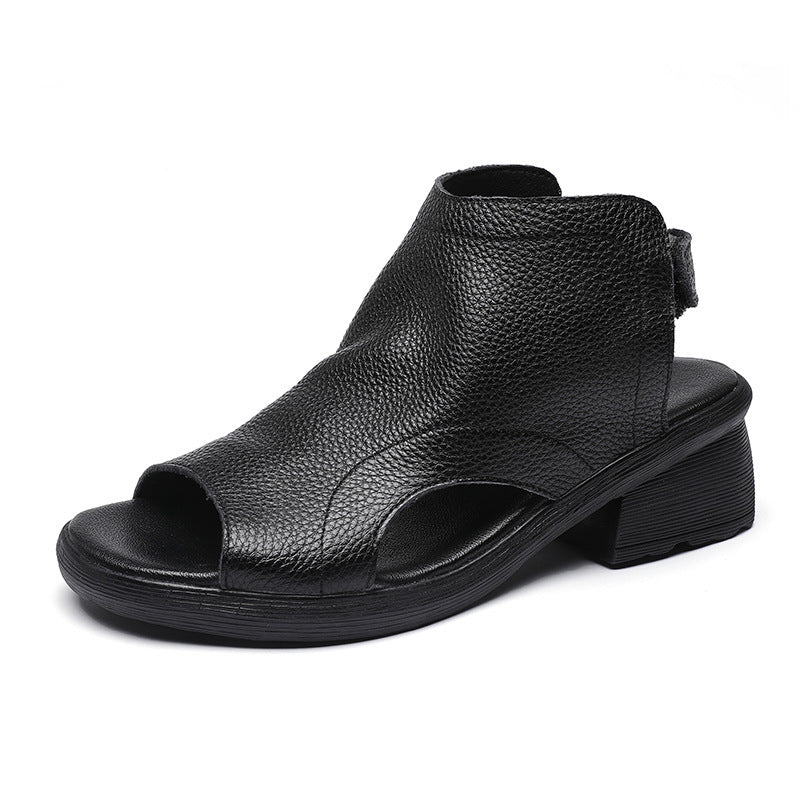 WW | Echtes Leder Retro Künstlerische Damen Sandalen Mittelhoch Weiche Sohle