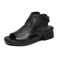 WW | Echtes Leder Retro Künstlerische Damen Sandalen Mittelhoch Weiche Sohle