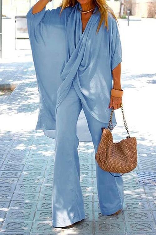 WW | Rosiedress Cross Front Batwing Top Weite Beinhosen Baumwolle Leinen Set